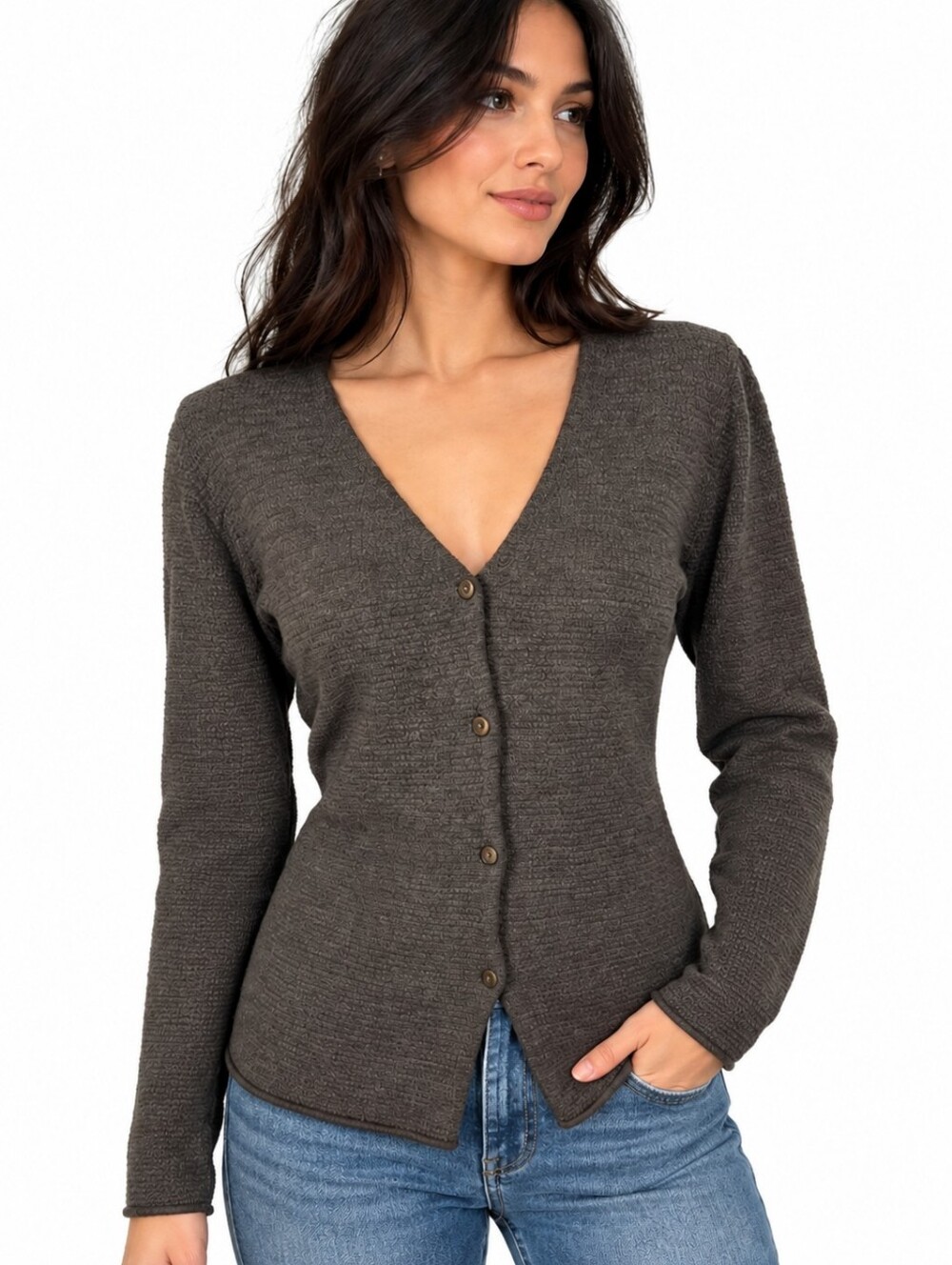 Eileen Fisher 100% Wool Cardigan Gray Italian Yarn Button Front Women's Small